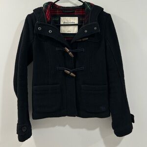 Abercrombie Kids Wool Coat Navy Blue Plaid Lined with Hood Size XL